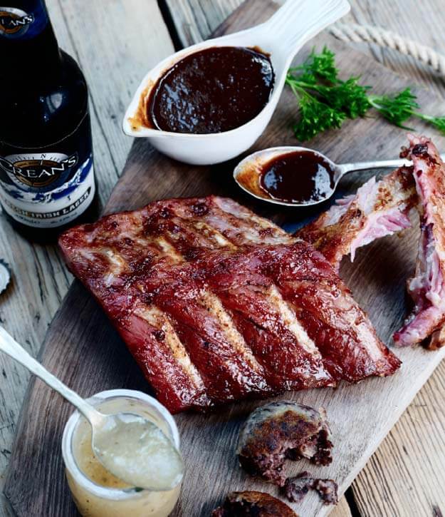 Boxty house food photography of bbq ribs and a beer