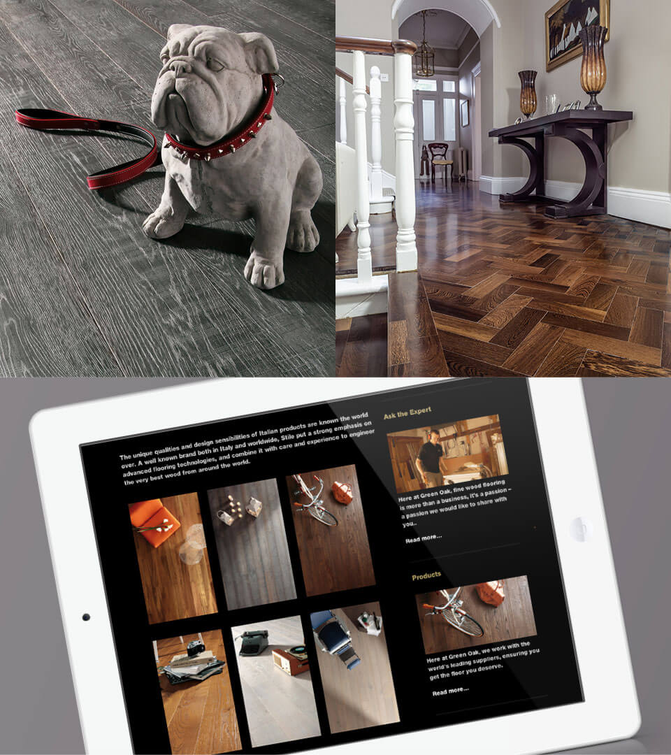 Montage of 3 photos. A dog on wood floors, shiny wood floor close up and green oak responsive website on tablet